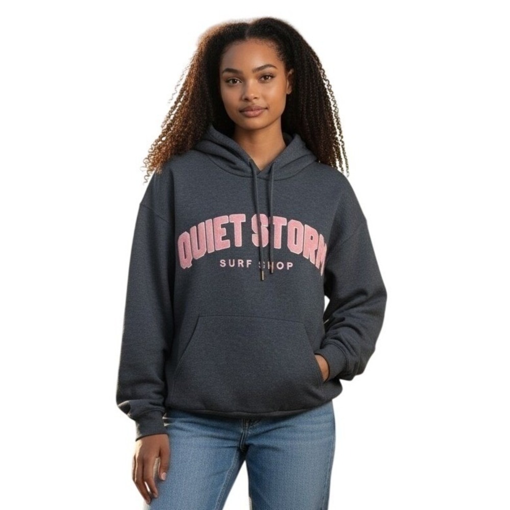 Quiet Storm Surf Shop Hoodie Charcoal Heather Pink Graphic Pullover XL